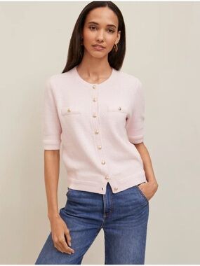 Ann Taylor Pale Pink Short-Sleeve Knit Cardigan with Gold Buttons